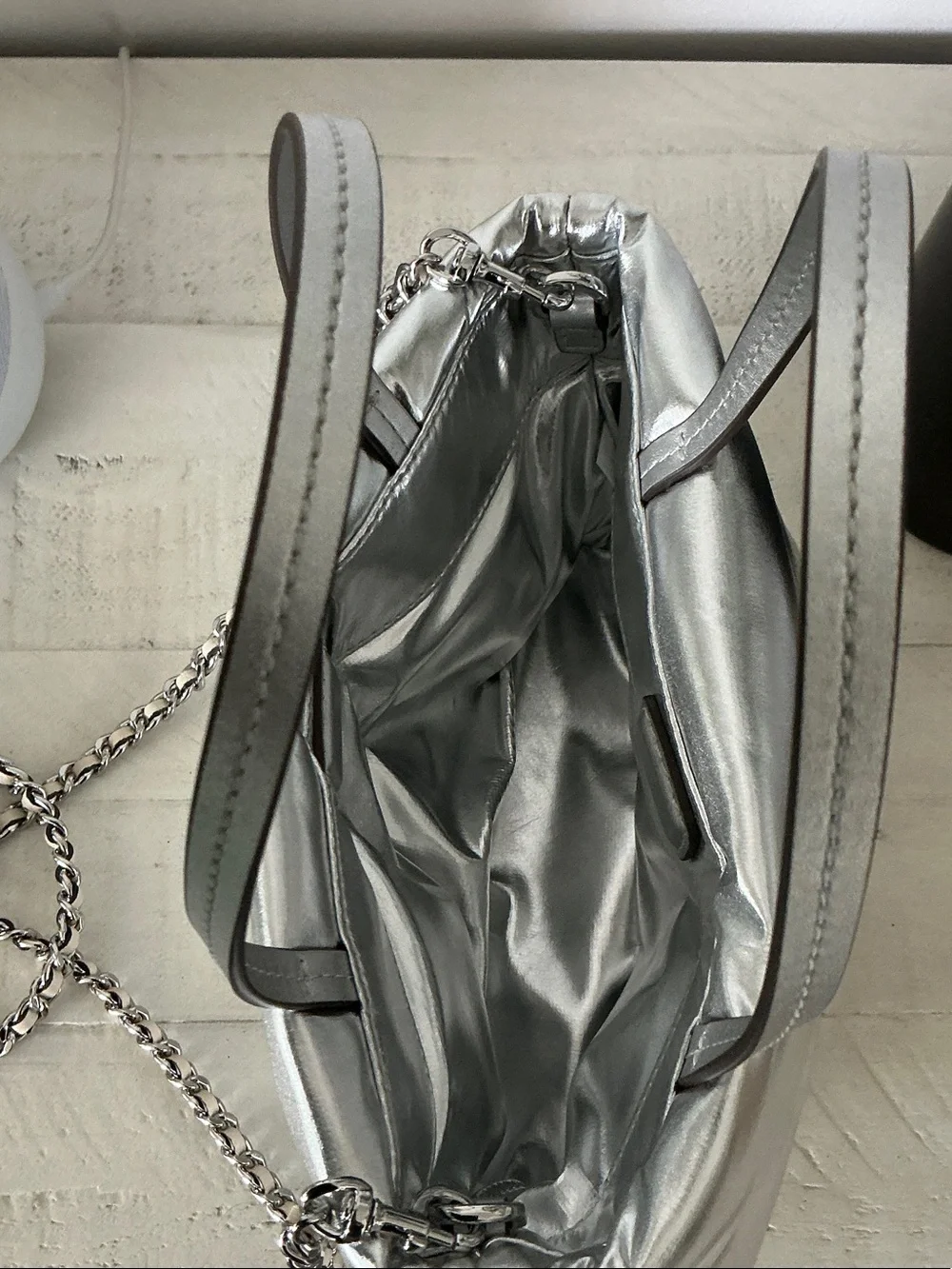 Tory Burch Britten Metallic Silver Puffy Mini Tote with Chain Strap